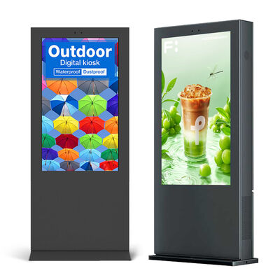 Kualitas 55 Inch IP55 Layar Sentuh Kapasitif Tahan Cuaca Kios Digital Berdiri Lantai untuk Iklan Luar Ruangan pabrik